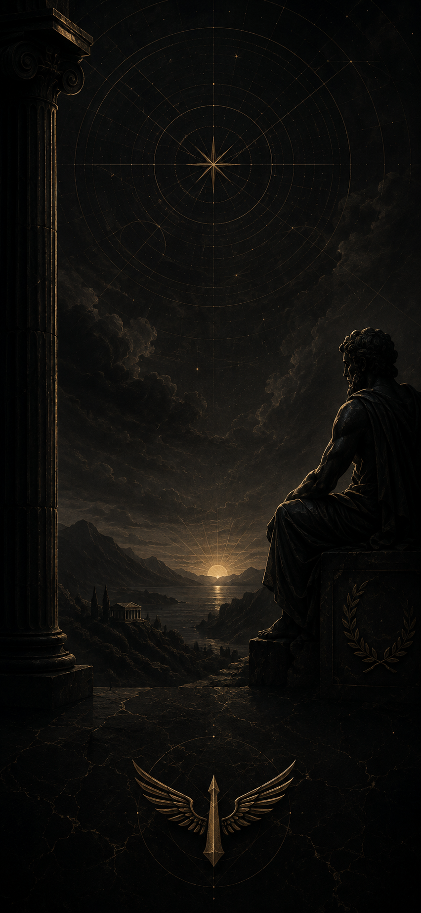 Stoic figure beneath celestial geometry